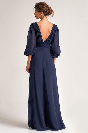 Navy A-Line V-Neck Maxi Wedding Guest Dress With 3/4 Sleeves